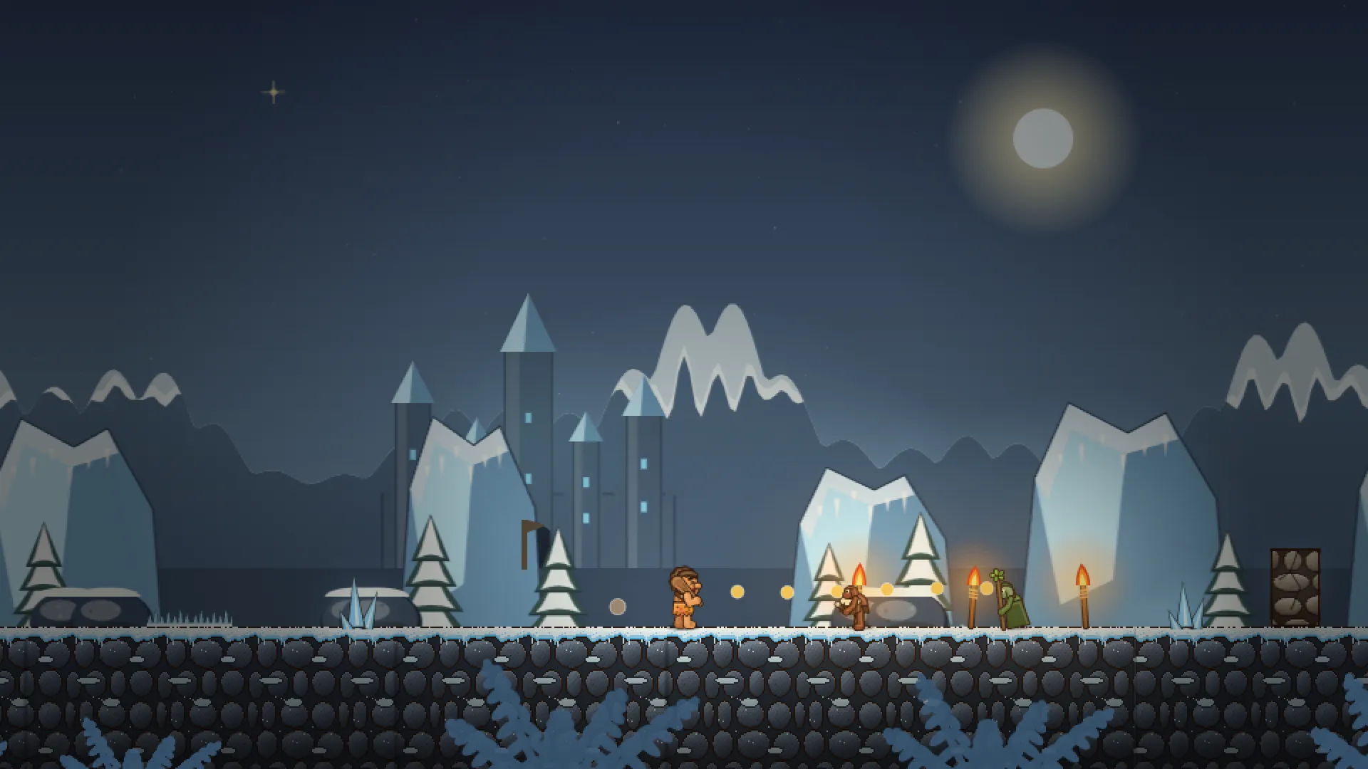 Človíček in front of the icy Fortress of Eternal Winter on a moonlit night