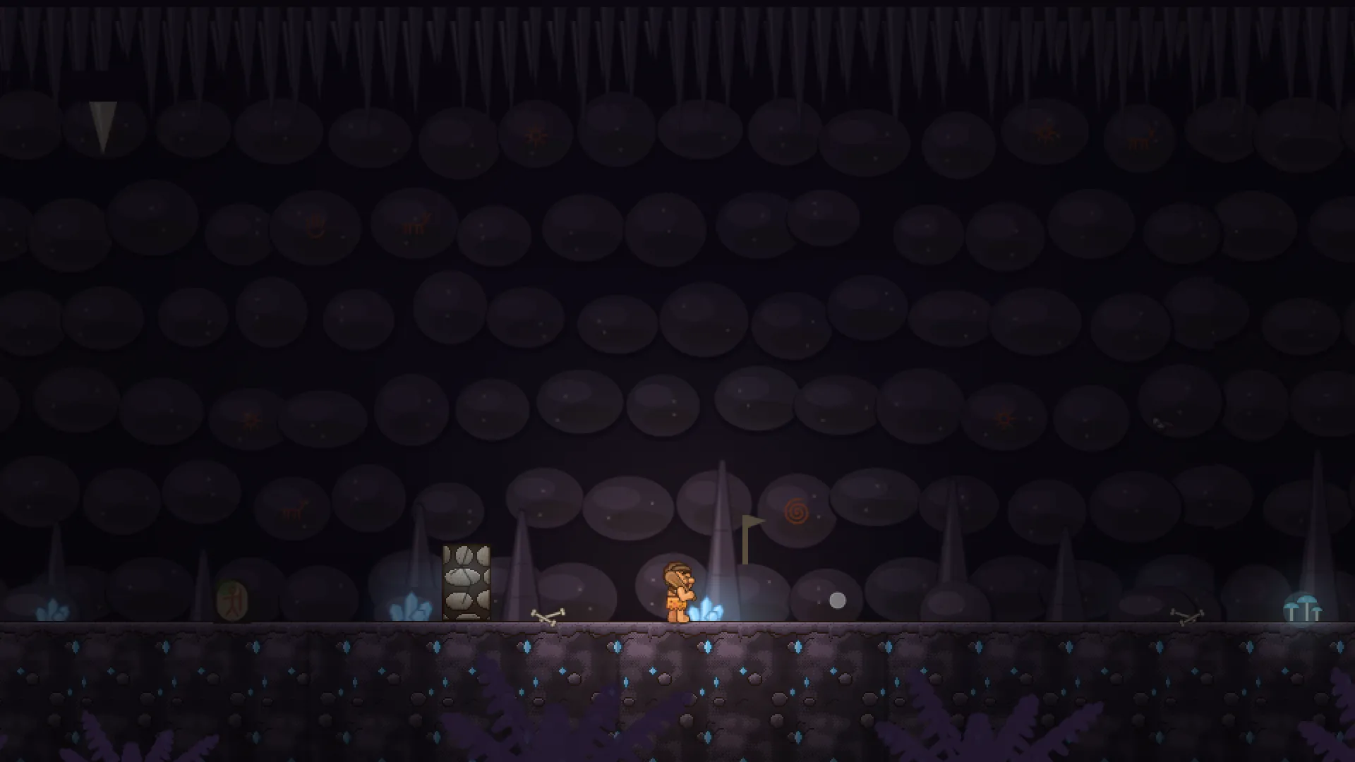 A cave with stalagmites, glowing crystals and a torch